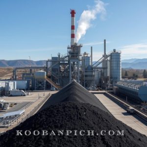 تصویر نمای روبه‌رو از کارخانه تولید آسفالت با توده بزرگ مصالح و تجهیزات صنعتی